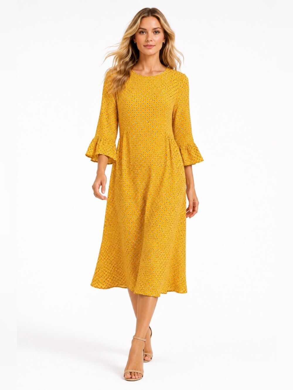 Downeast Mustard Yellow Printed Midi Dress, Bell Sleeves, Size Medium